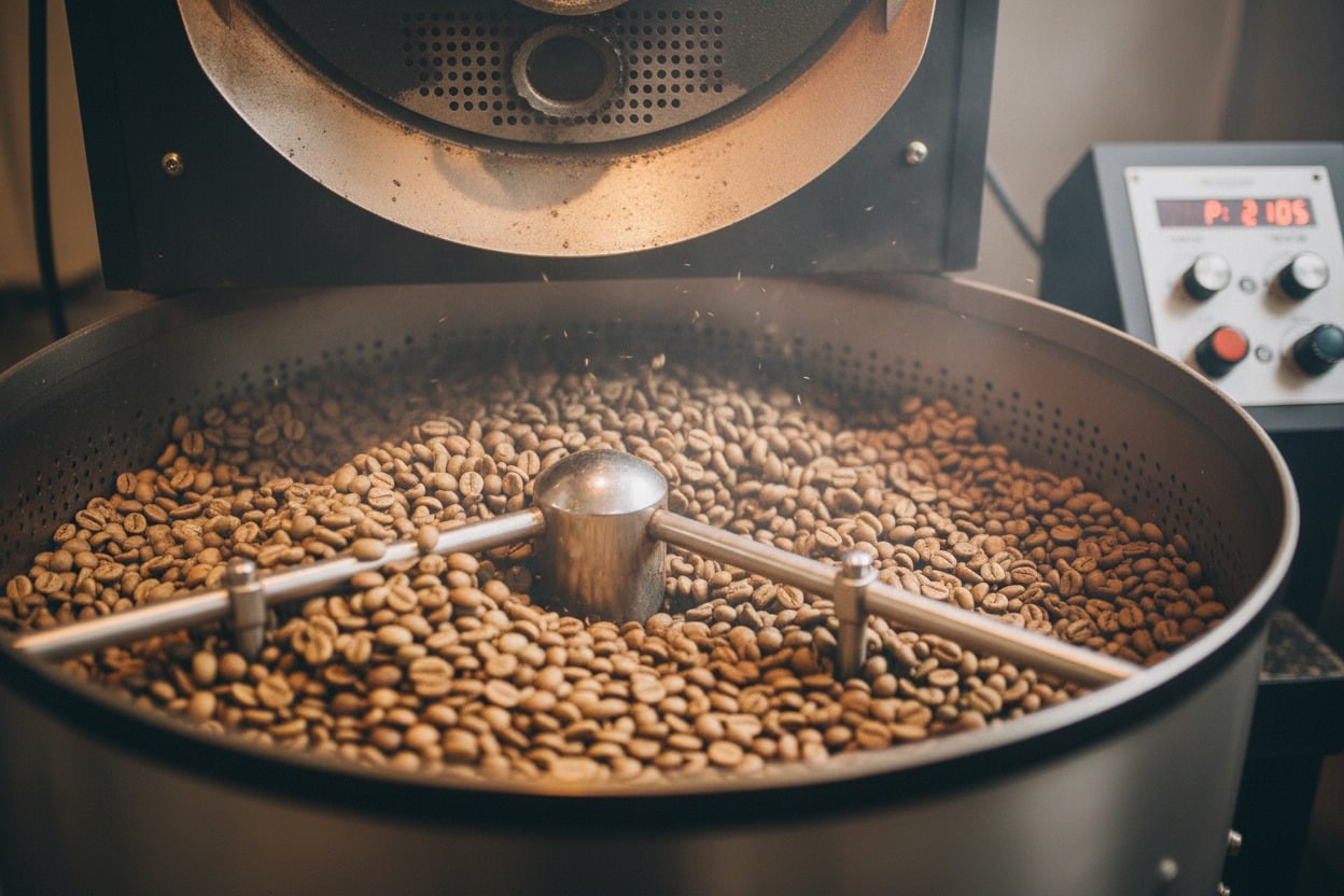 A commercial coffee roaster mixes light brown coffee beans in a large metal drum.